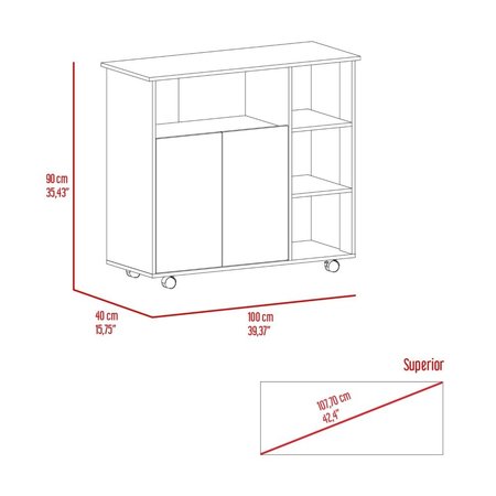 Tuhome Paprika Kitchen Cart, Four Casters, Four Open Shelves, Double Door Cabinet, Light Oak/White MDB7166